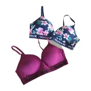 Lot Of 2 Hurley Wireless Lined Tshirt Bra Size 34B Blue Floral Magenta Pink